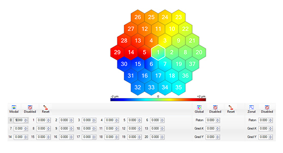 Iris AO 111 Actuator Deformable Mirror (Edmund Optics stock #33-267) with a Vortex aberration of charge 9, applied using the included Graphical User Interface (GUI)